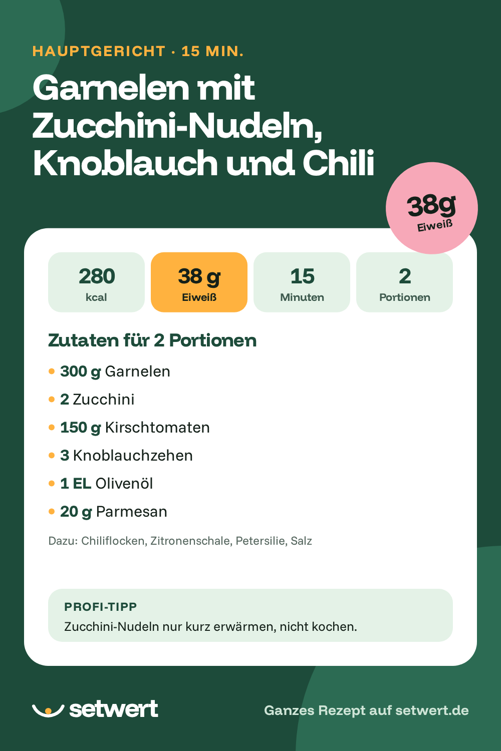 Rezeptkarte: Garnelen mit Zucchini-Nudeln, Knoblauch und Chili