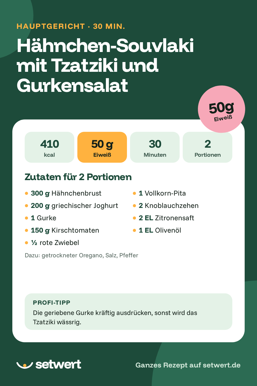 Rezeptkarte: Hähnchen-Souvlaki mit Tzatziki und Gurkensalat