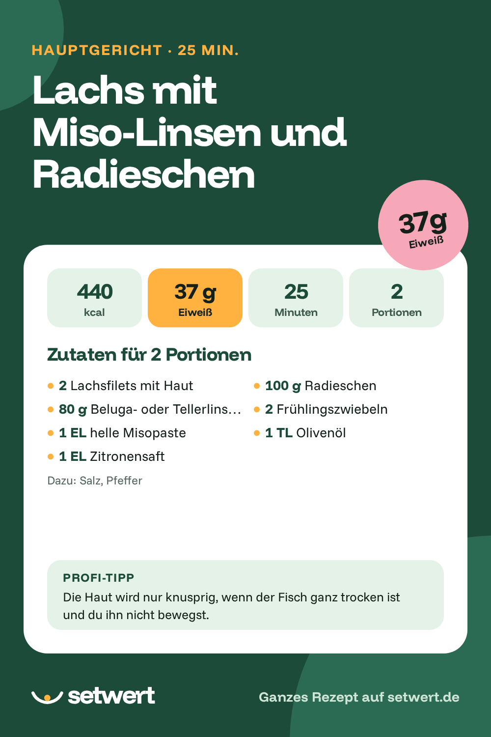 Rezeptkarte: Lachs mit Miso-Linsen und Radieschen