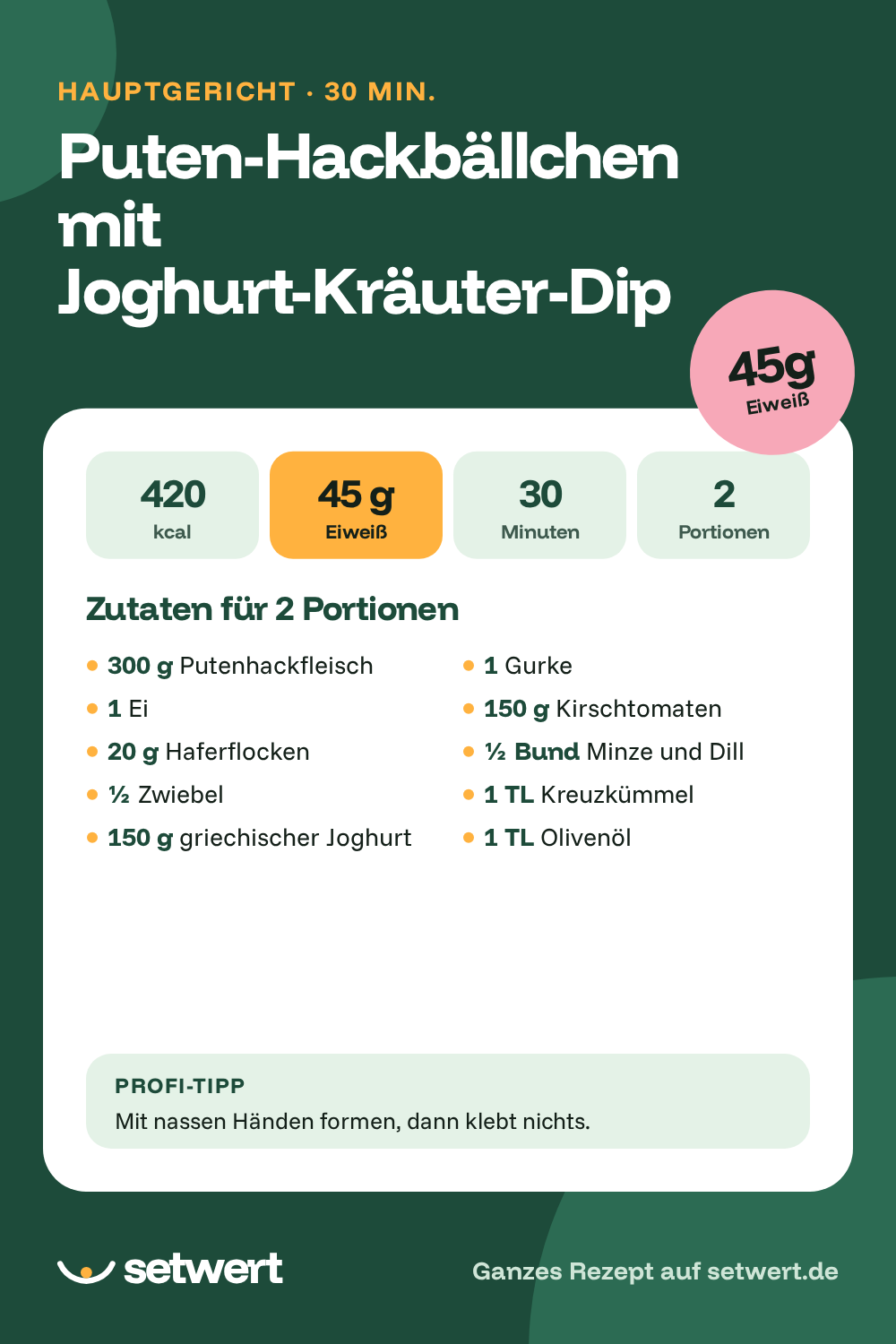 Rezeptkarte: Puten-Hackbällchen mit Joghurt-Kräuter-Dip